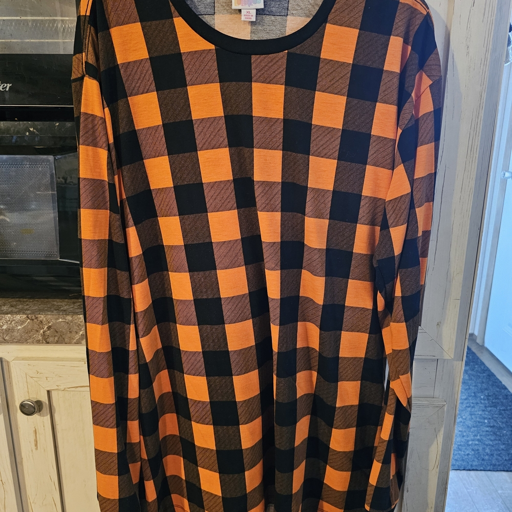 LuLaRoe Orange and Black Checkered Top